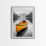 Yellow Canoe Lake, Misty Mountain Art, Canvas Print, Adventure Decor, Cabin Living Wall Art, Rustic Landscape Photo