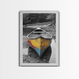 Rustic Canoe, Weathered Paint, River Adventure Art, Framed Canvas Print, Cabin Wall Decor, Color Pop Nature Photography