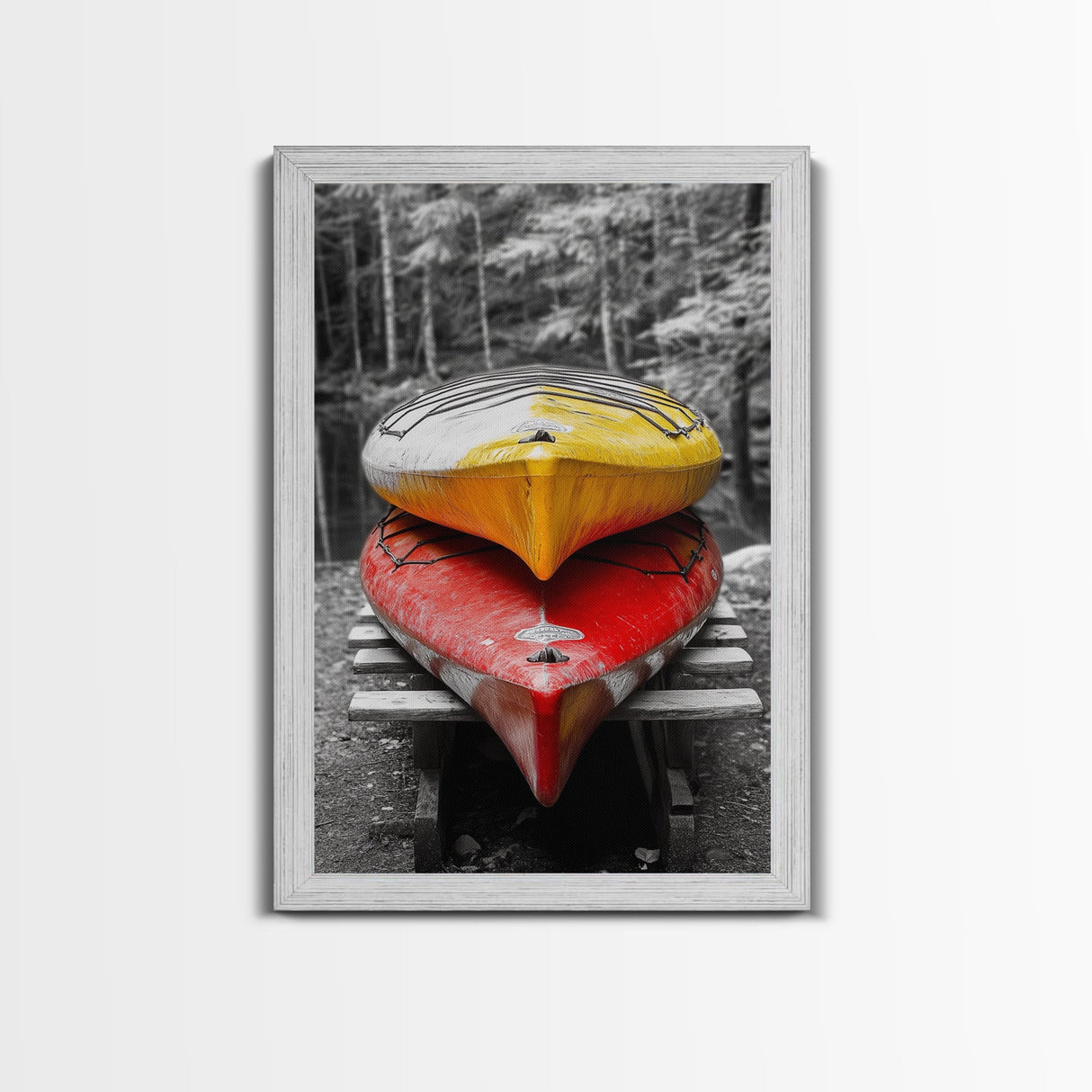 Stacked Kayaks, Red and Yellow, Forest Wall Art, Canvas Print, Adventure Photography, Outdoor Cabin Decor, Fall Travel Vibes