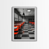 Retro Cafeteria, Red Chairs, Midcentury Modern Art, Canvas Print, Black and White Pop Art, Kitchen Wall Decor, Industrial Style