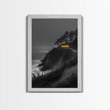 Cabin on Cliff, Moody Coastal Art, Glowing Window, Sunset Seascape, Framed Canvas Print, Minimalist Landscape, Living Room Wall Art