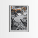 Coastal Tree, Ocean Horizon, Windswept Shoreline, Tranquil Mood, Framed Canvas Print, Minimalist Wall Art, Neutral Tones, Zen Decor