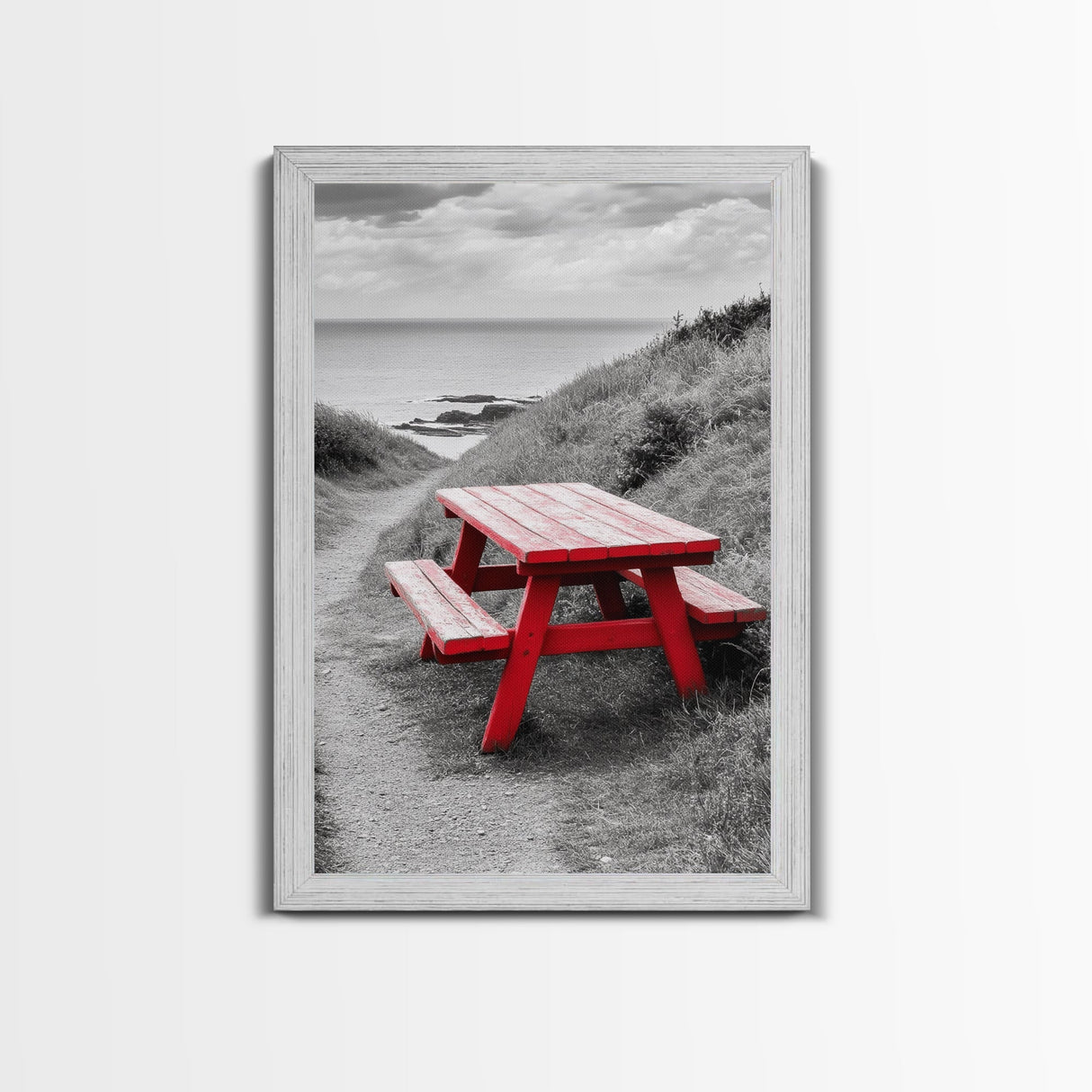 Red Picnic Bench, Ocean View Path, Seaside Escape, Vibrant Accent, Framed Canvas Print, Beach House Wall Art, Modern Coastal Decor