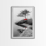 Red Bench, Misty Shore, Solitude Scene, Moody Fog Art, Framed Canvas Print, Minimalist Wall Art, Meditative Decor, Entryway Accent