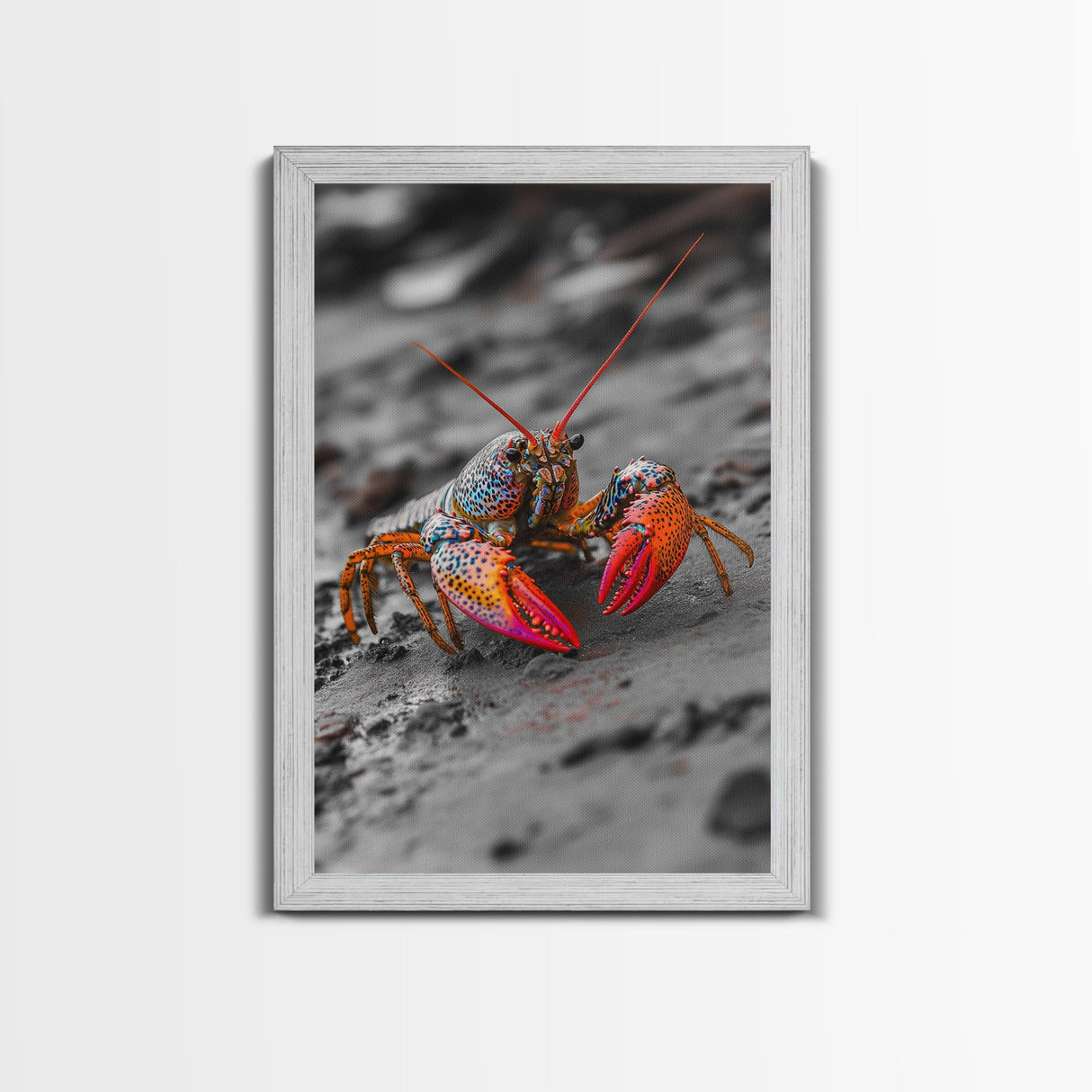 Colorful Lobster, Beach Wildlife, Close-Up Macro Art, Framed Canvas Print, Kitchen Wall Art, Coastal Marine Decor, Vibrant Style