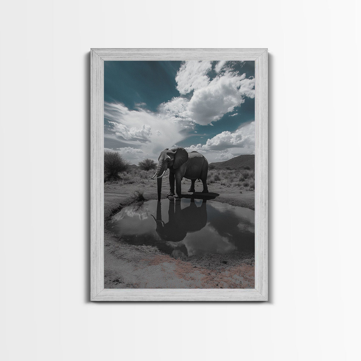 Elephant Reflection, Watering Hole, Savannah Sky, Framed Canvas Print, Wildlife Wall Art, Safari Style Decor, Nature Photography
