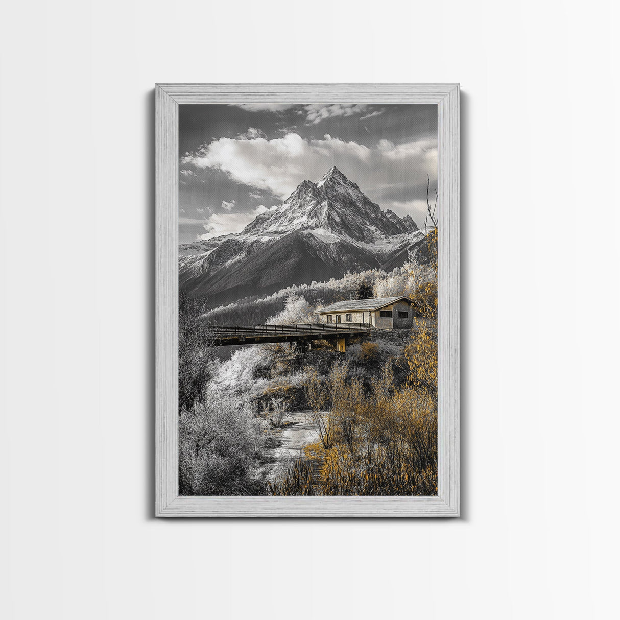 Mountain Escape, Cabin Retreat, Black White Landscape, Framed Canvas Print, Rustic Cabin Art, Bedroom Wall Decor, Nature Lodge Decor