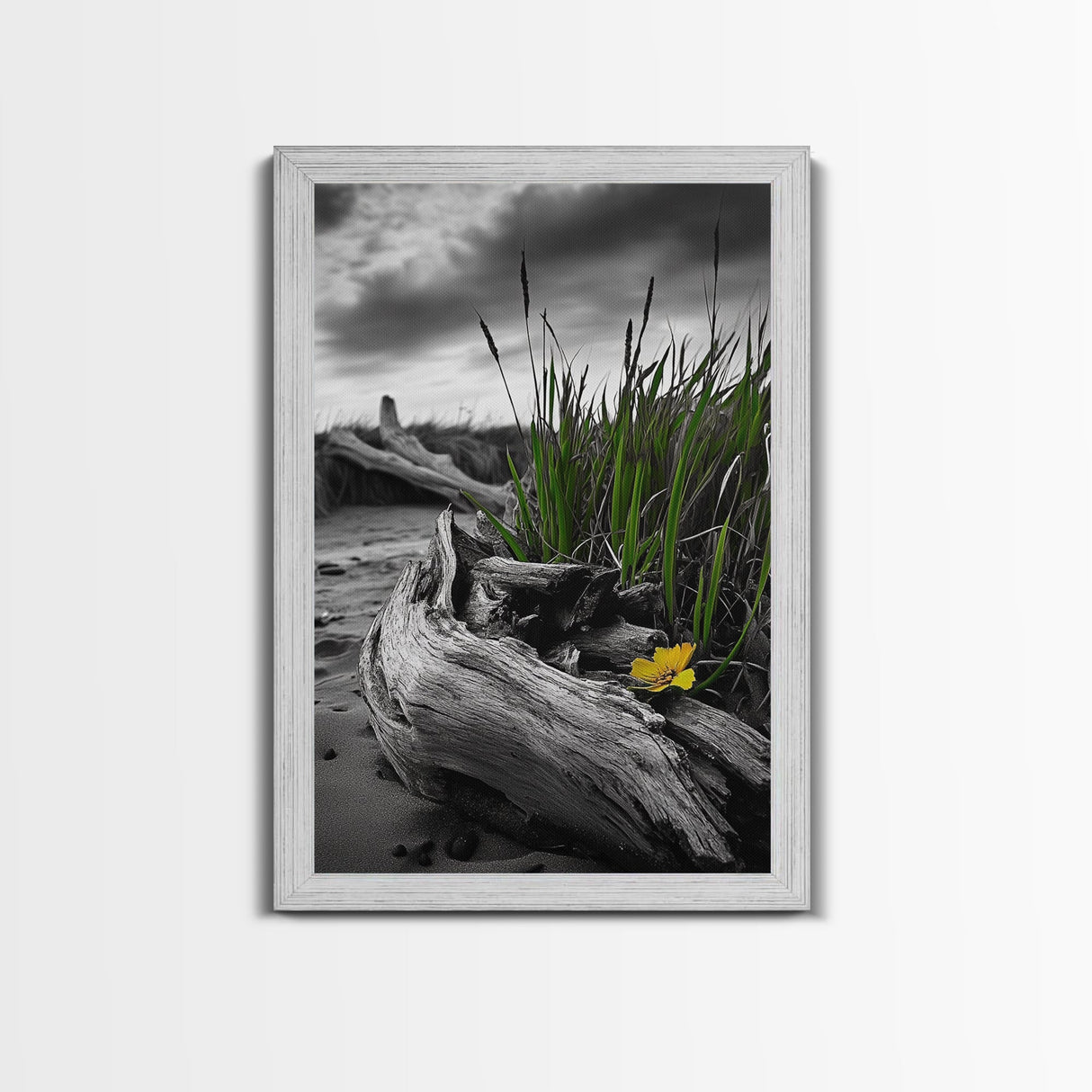 Wild Bloom, Yellow Flower, Driftwood and Grass, Moody Beach Scene, Framed Canvas Print, Autumn Wall Art, Nature Decor, Cozy Home Accent
