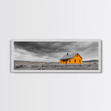 Yellow House, Stormy Sky, Minimalist Landscape, Rural Farmhouse, Framed Canvas Print, Rustic Wall Decor, Living Room Wall Art