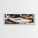 Open Book, Glasses, Orange Folders, Writer Desk, Framed Canvas Print, Study Room Wall Art, Vintage Academic Aesthetic
