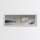 Yellow Suit, Surreal Desert, Lone Wanderer, Conceptual Art — Framed Canvas Print, Modern Art, Office Decor, Minimalist Statement Piece