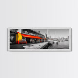 Waterfront Market, Urban Vibes, Boats and Shops, City Harbor — Framed Canvas Print, Kitchen Wall Art, Modern Cityscape, Vibrant Wall Decor