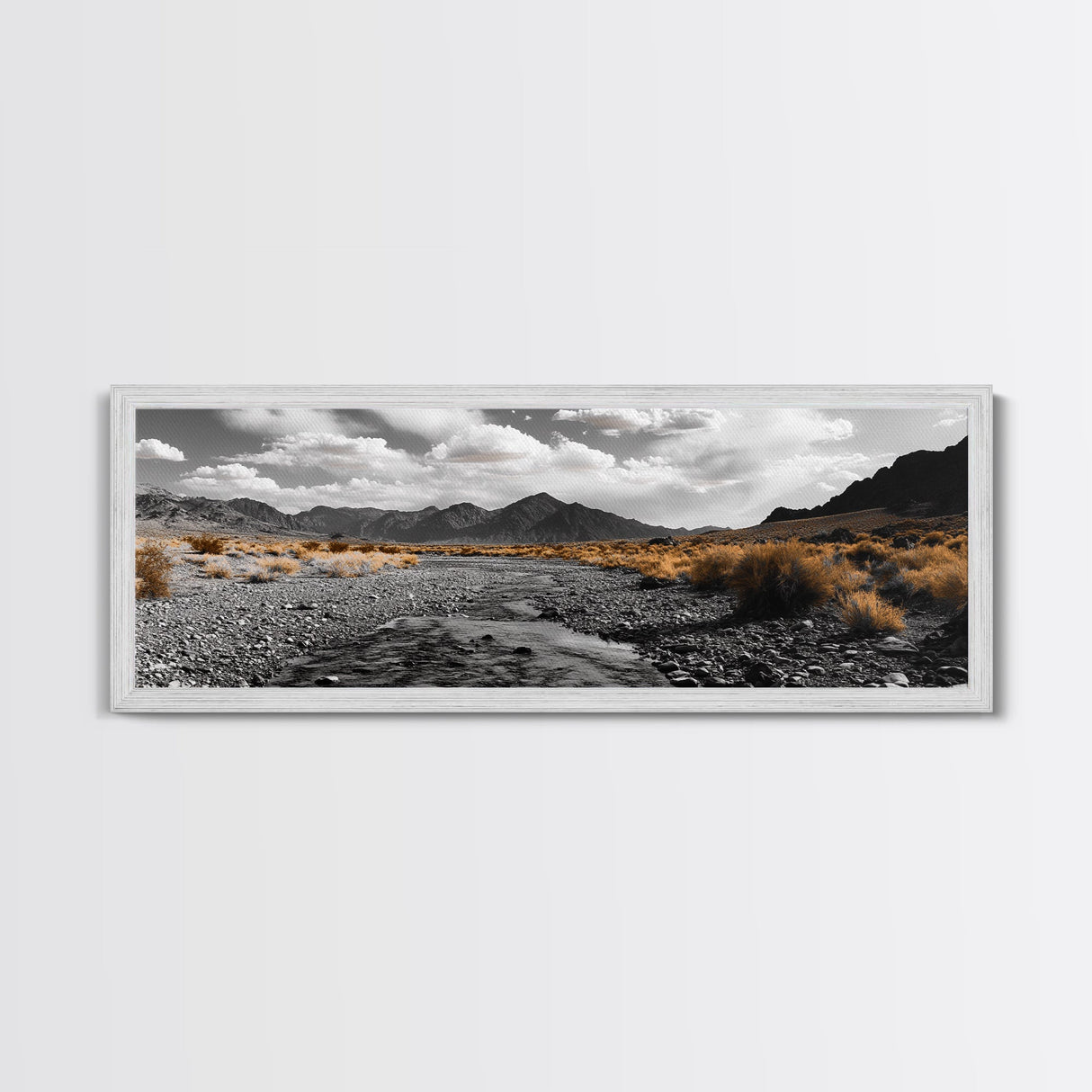 Desert Creek, Rugged Mountains, Golden Shrubs, Nature Path — Framed Canvas Print, Autumn Wall Decor, Rustic Office Art, Landscape Canvas
