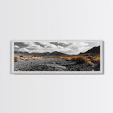 Desert Creek, Rugged Mountains, Golden Shrubs, Nature Path — Framed Canvas Print, Autumn Wall Decor, Rustic Office Art, Landscape Canvas