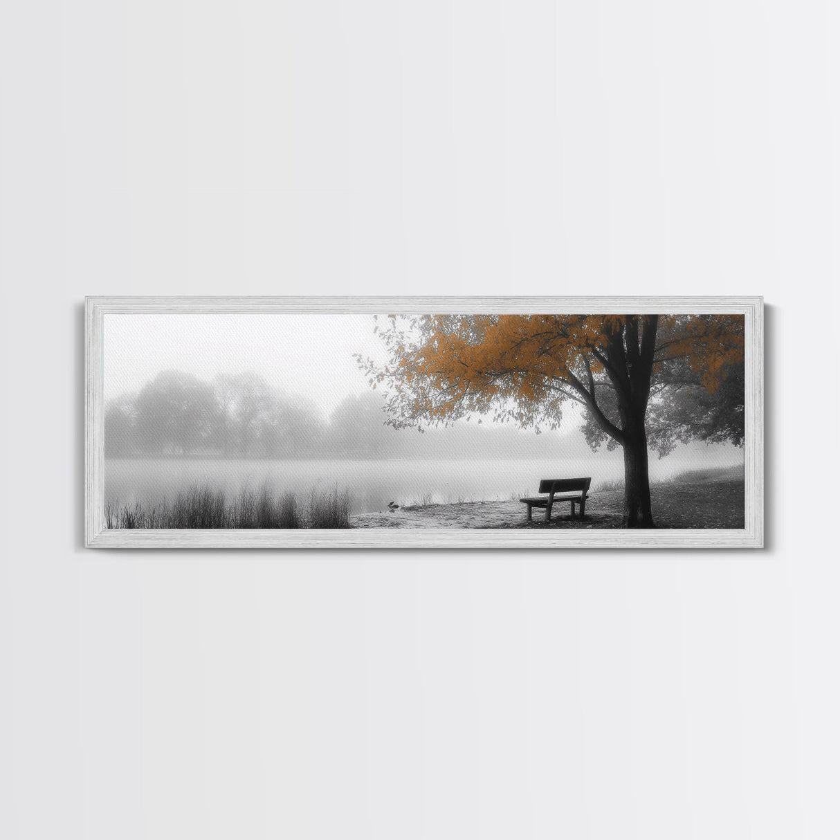 Foggy Lake, Autumn Tree, Peaceful Bench, Serene Nature, Framed Canvas Print, Fall Wall Decor, Zen Living Room Art, Bedroom Decor