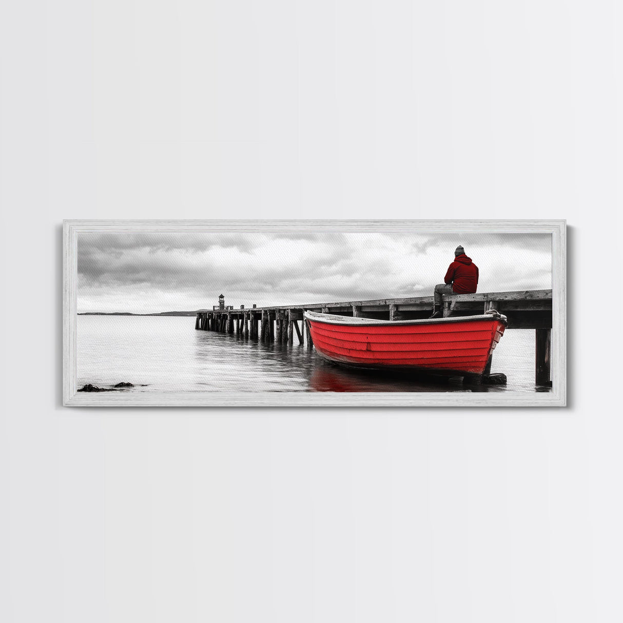 Red Boat Dock, Lonely Harbor View, Seaside Silence, Framed Canvas Print, Nautical Wall Art, Beach House Decor, Moody Coastal Vibes