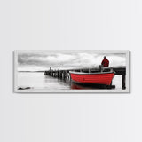 Red Boat Dock, Lonely Harbor View, Seaside Silence, Framed Canvas Print, Nautical Wall Art, Beach House Decor, Moody Coastal Vibes