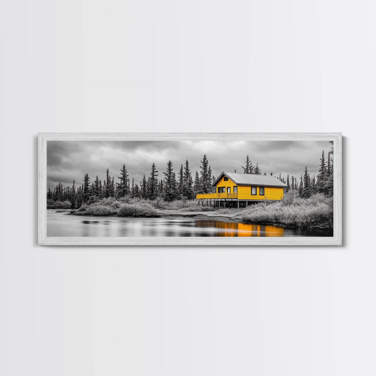 Yellow Cabin, Forest River View, Wilderness Retreat, Framed Canvas Print, Rustic Wall Art, Lodge Decor, Cozy Nature Landscape Style