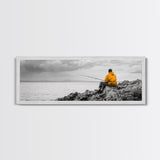 Peaceful Angler View, Yellow Hoodie Fisherman, Canvas Print, Minimalist Seaside Wall Art, Coastal Living Room Art, Fishing Lover Gift