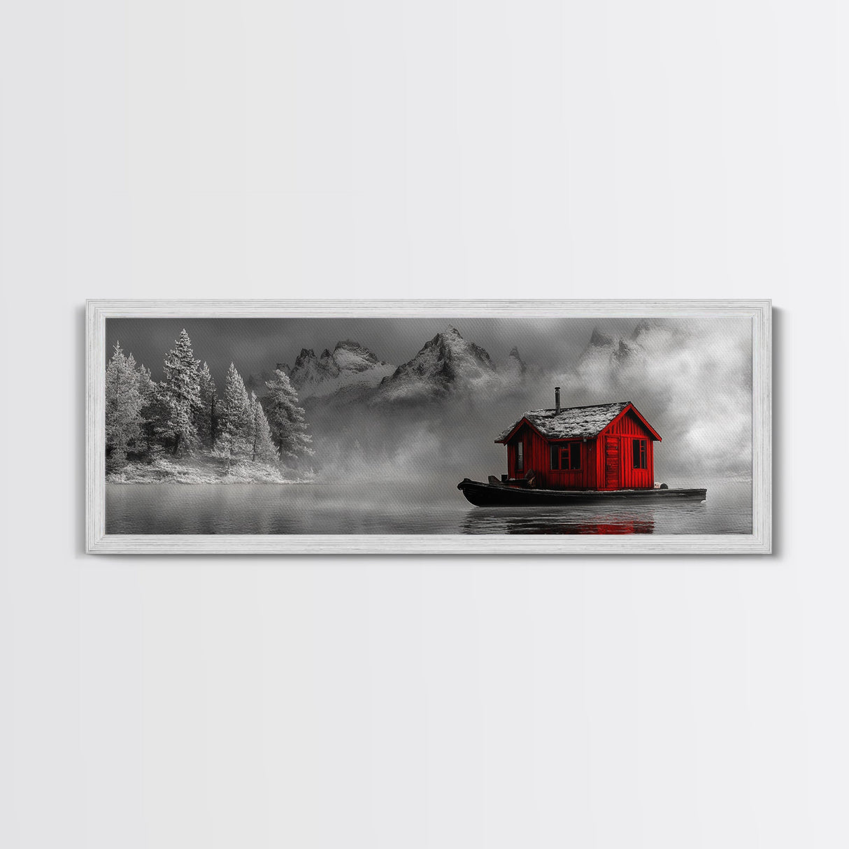 Red Cabin in Fog, Mountain Lake Boat House, Canvas Print, Winter Lodge Wall Art, Moody Nature Decor, Black and White Landscape Art