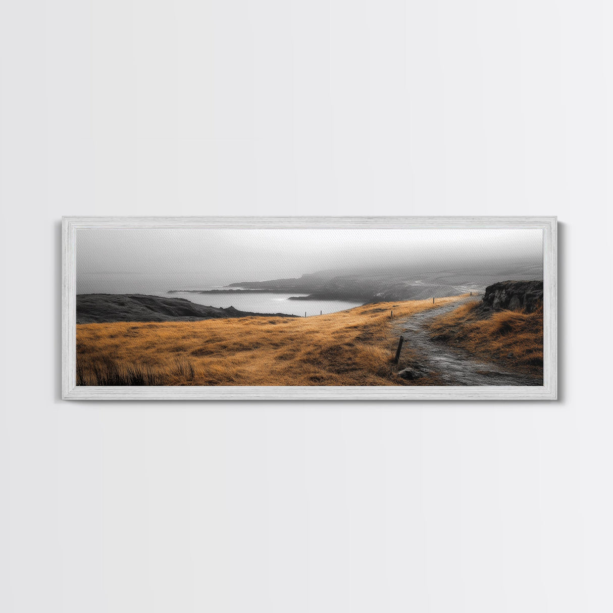 Coastal Cliff Path, Golden Grasses by Sea, Canvas Print, Autumn Hiking Scene, Misty Nature Wall Art, Hallway Landscape Photography