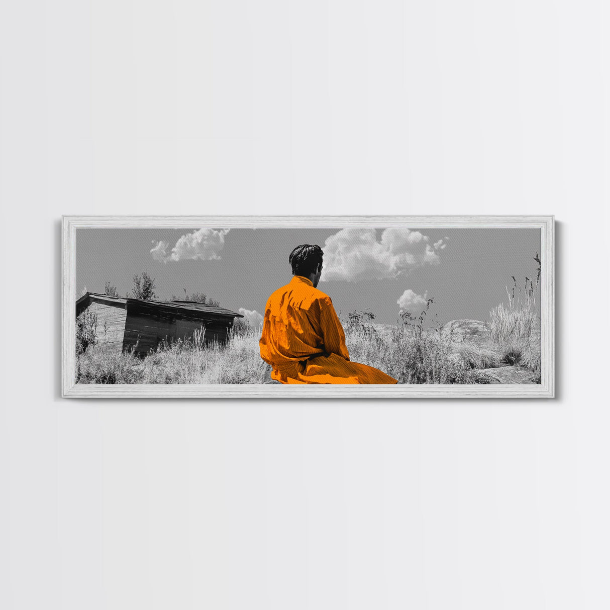 Solitude in Nature, Orange Robe Figure, Mindful Meditation Scene, Canvas Print, Boho Landscape, Zen Room Wall Art, Office Wall Decor