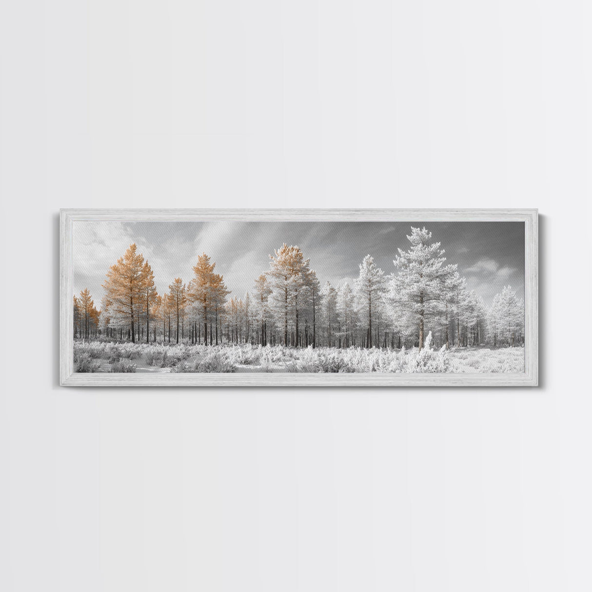 Snowy Forest Landscape, Frosted Pine Trees, Winter Wonderland Scene, Framed Canvas Print, Nordic Minimalist, Holiday Wall Art