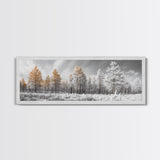 Snowy Forest Landscape, Frosted Pine Trees, Winter Wonderland Scene, Framed Canvas Print, Nordic Minimalist, Holiday Wall Art
