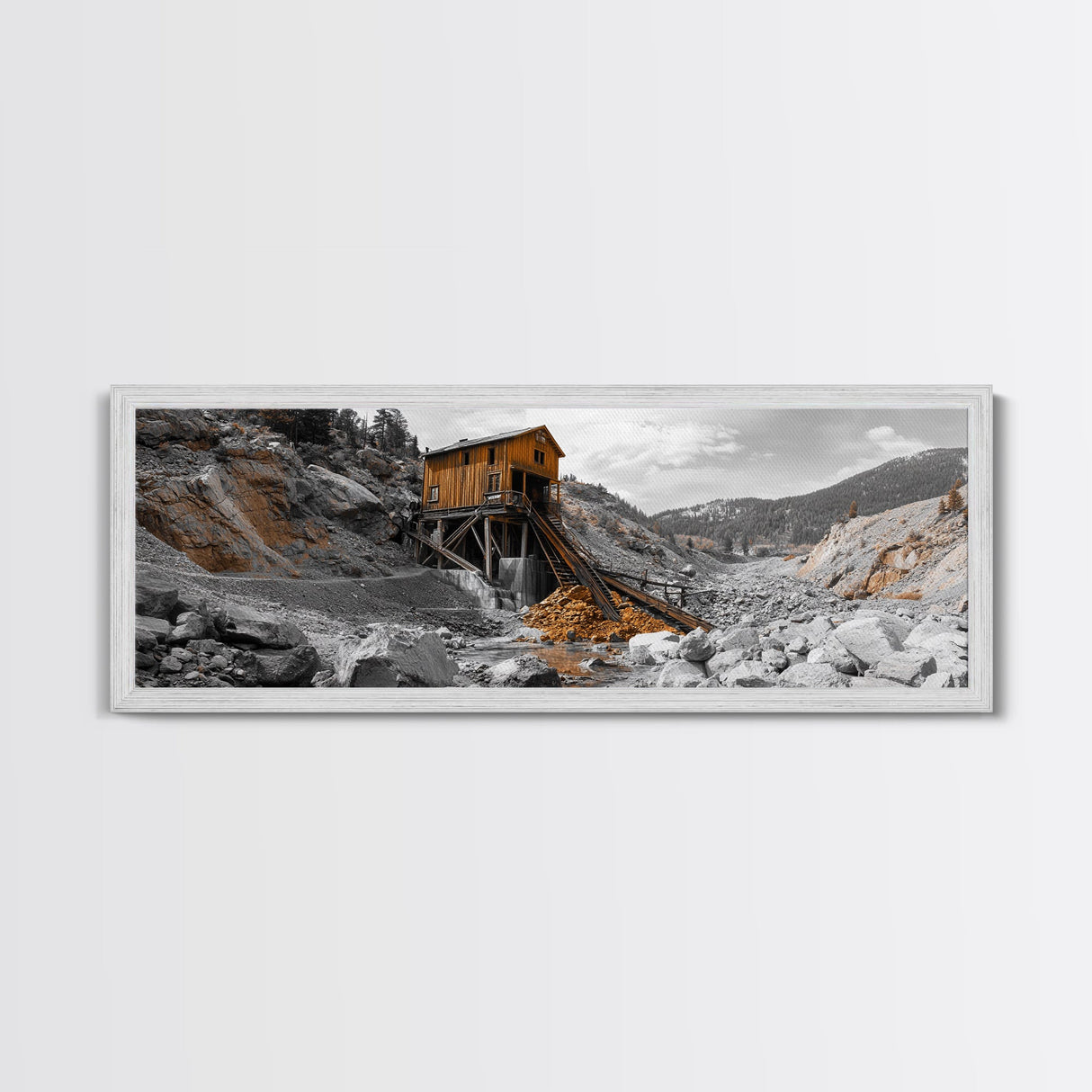 Desert Mine Cabin, Rustic Gold Landscape, Abandoned Building Scene, Framed Canvas Print, Western Art, Office Wall Decor