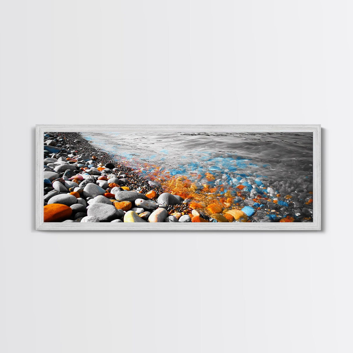 Colorful Pebble Shore, Vibrant Lake Stones, Blue Orange Rocks, Framed Canvas Print, Boho Coastal Style, Bathroom Wall Art