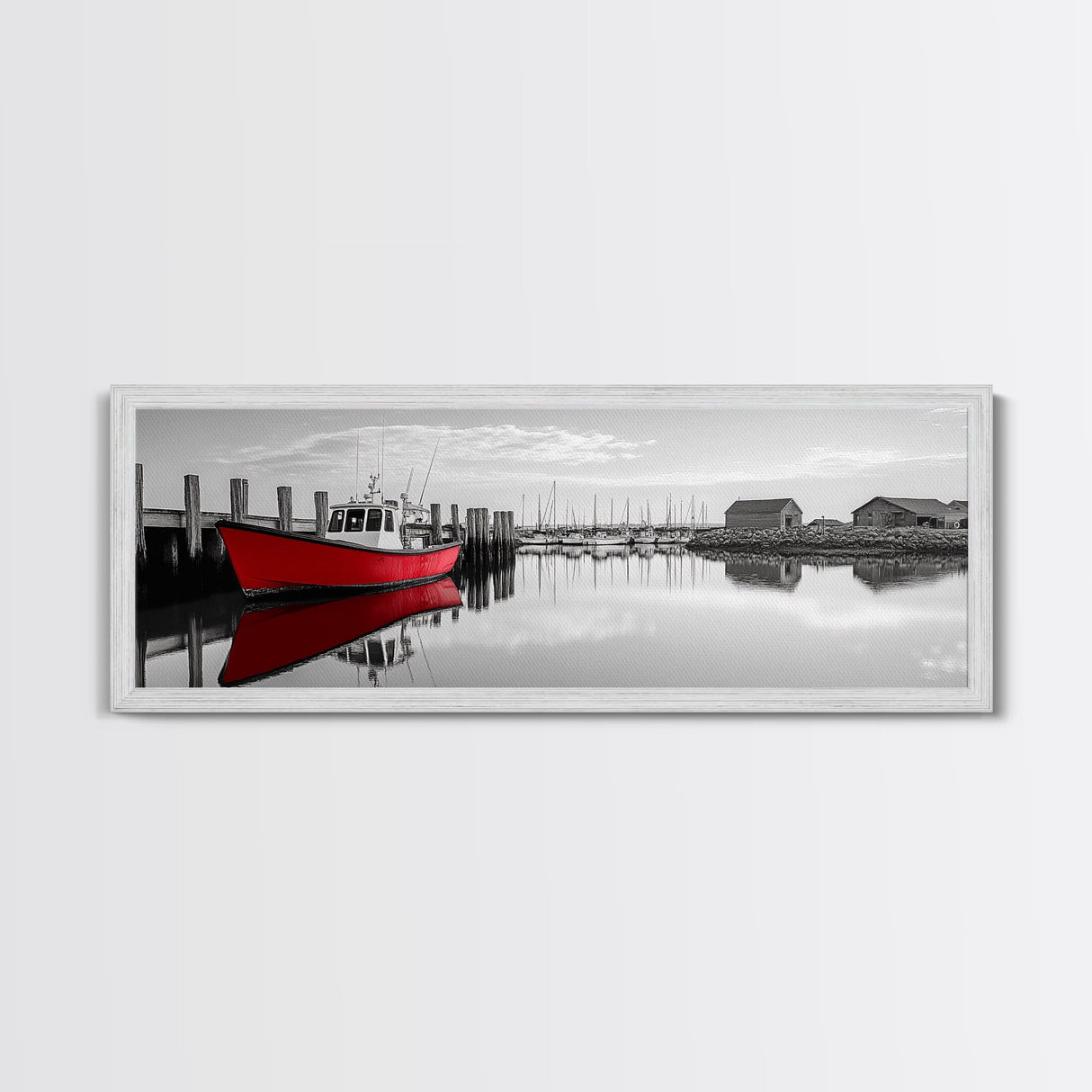 Red Fishing Boat, Harbor Reflection Scene, Calm Dockside Water, Framed Canvas Print, Nautical Art, Living Room Wall Decor