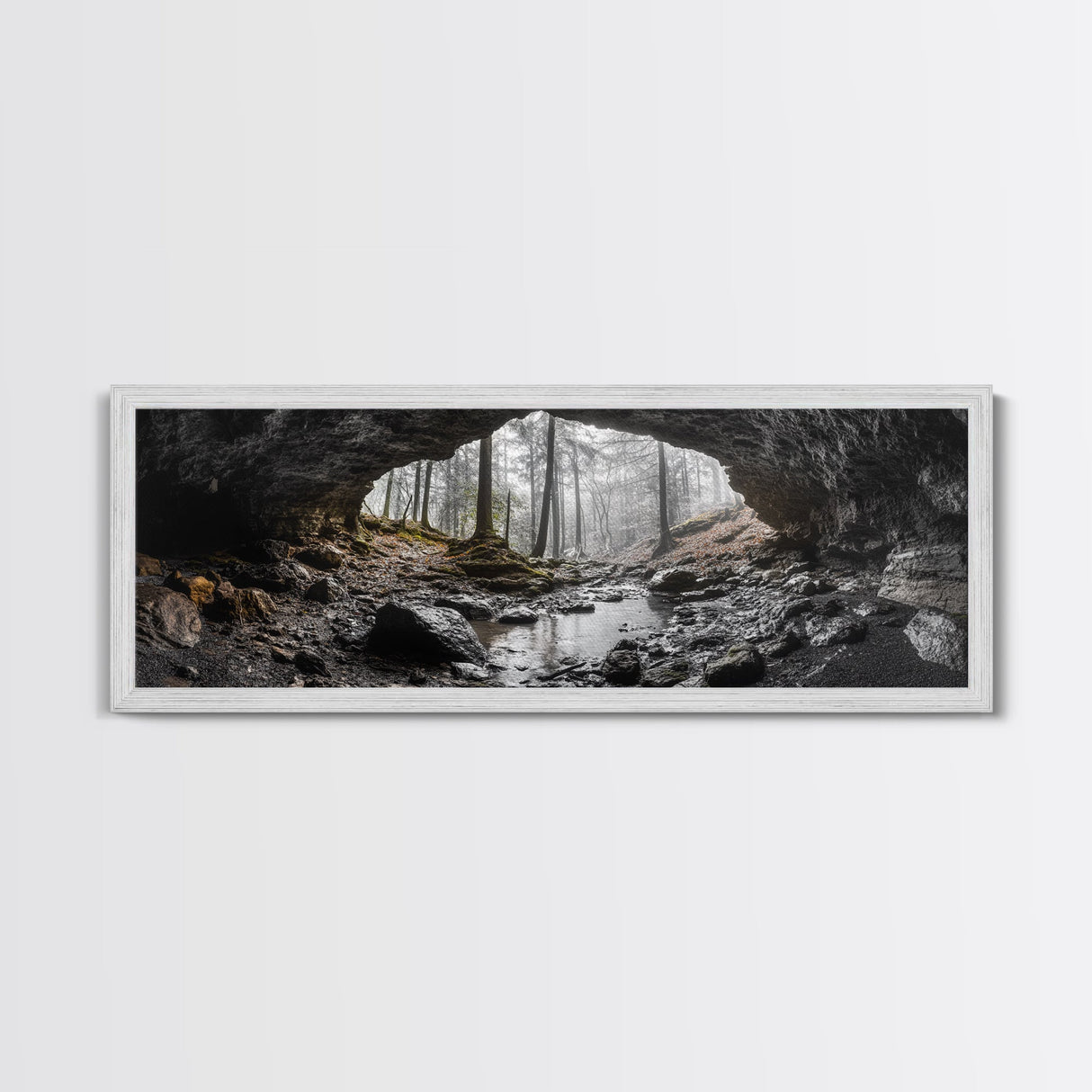 Forest Cave, Woodland Stream, Natural Light, Hidden Path, Framed Canvas Print, Cabin Wall Art, Rustic Decor, Adventure Photography