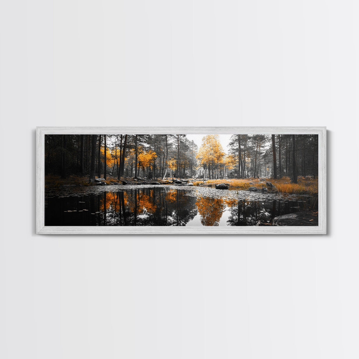 Autumn Forest, Golden Trees, Tranquil Reflection, Nature Pond, Framed Canvas Print, Fall Wall Art, Living Room Decor, Cozy Vibes