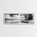 Tropical Boat, Deserted Beach, Palms and Clouds, Ocean Peace, Framed Canvas Print, Boho Wall Art, Bedroom Decor, Seaside Minimalism