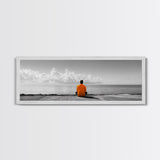 Orange Jacket, Solitude Man, Sea Gaze, Minimal Mood, Framed Canvas Print, Office Wall Art, Modern Decor, Reflective Photography