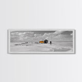 Winter Fishing, Ice House, Snowy Sky, Arctic Chill, Framed Canvas Print, Cabin Wall Art, Minimalist Winter Decor, Monochrome Scene