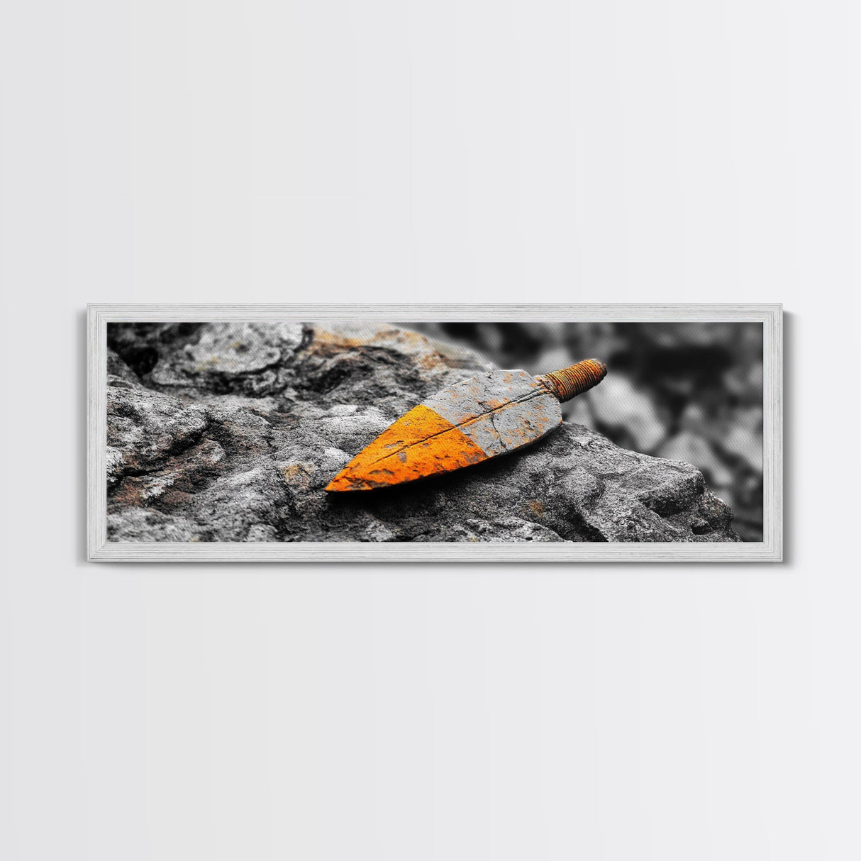 Tribal Blade, Ancient Weapon, Stone Texture, Orange Detail, Framed Canvas Print, Masculine Wall Art, Rustic Decor, Warrior Vibes