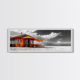 Beach Cafe, Orange Umbrellas, Seaside Dining, Sunny Vibes, Framed Canvas Print, Kitchen Wall Art, Summer Coastal Style