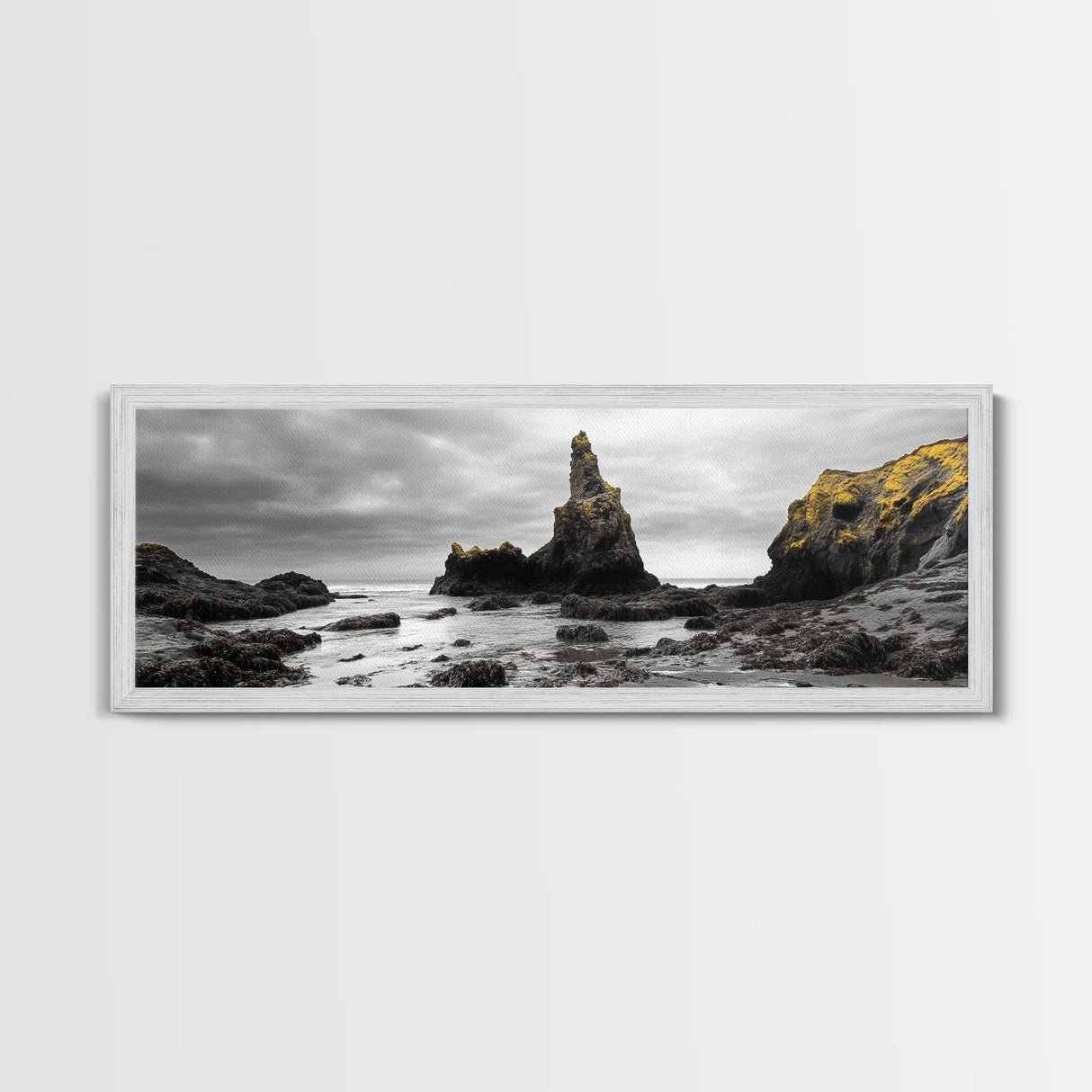 Sea Stacks, Rocky Shore, Golden Moss, Framed Canvas Print, coastal wall art, moody ocean print, beach house decor, nature photography