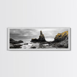 Sea Stacks, Rocky Shore, Golden Moss, Framed Canvas Print, coastal wall art, moody ocean print, beach house decor, nature photography