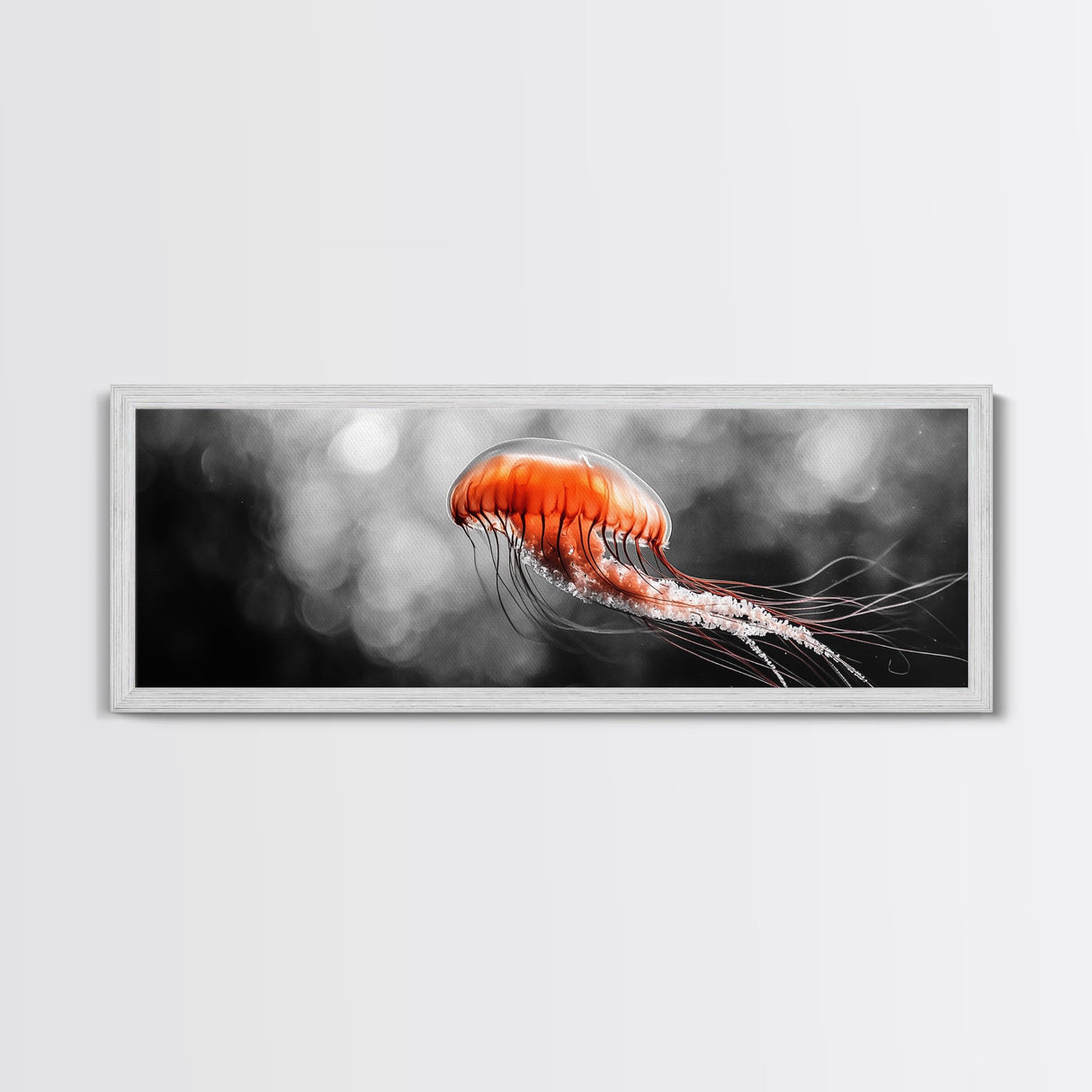 Jellyfish Glow, Ocean Depths, Abstract Sea Life, Framed Canvas Print, marine animal art, coastal bathroom decor, modern underwater wall art