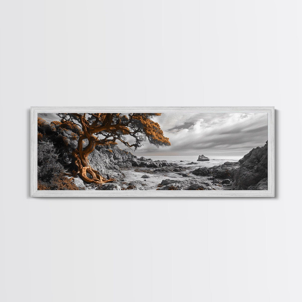Twisted Tree, Rugged Coast, Autumn Forest, Framed Canvas Print, fall wall art, rustic nature print, living room decor, woodland landscape