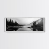 Foggy Pines, Mountain Reflection, Monochrome Wilderness, Canvas Print, black and white wall art, cabin decor, minimalist forest scene