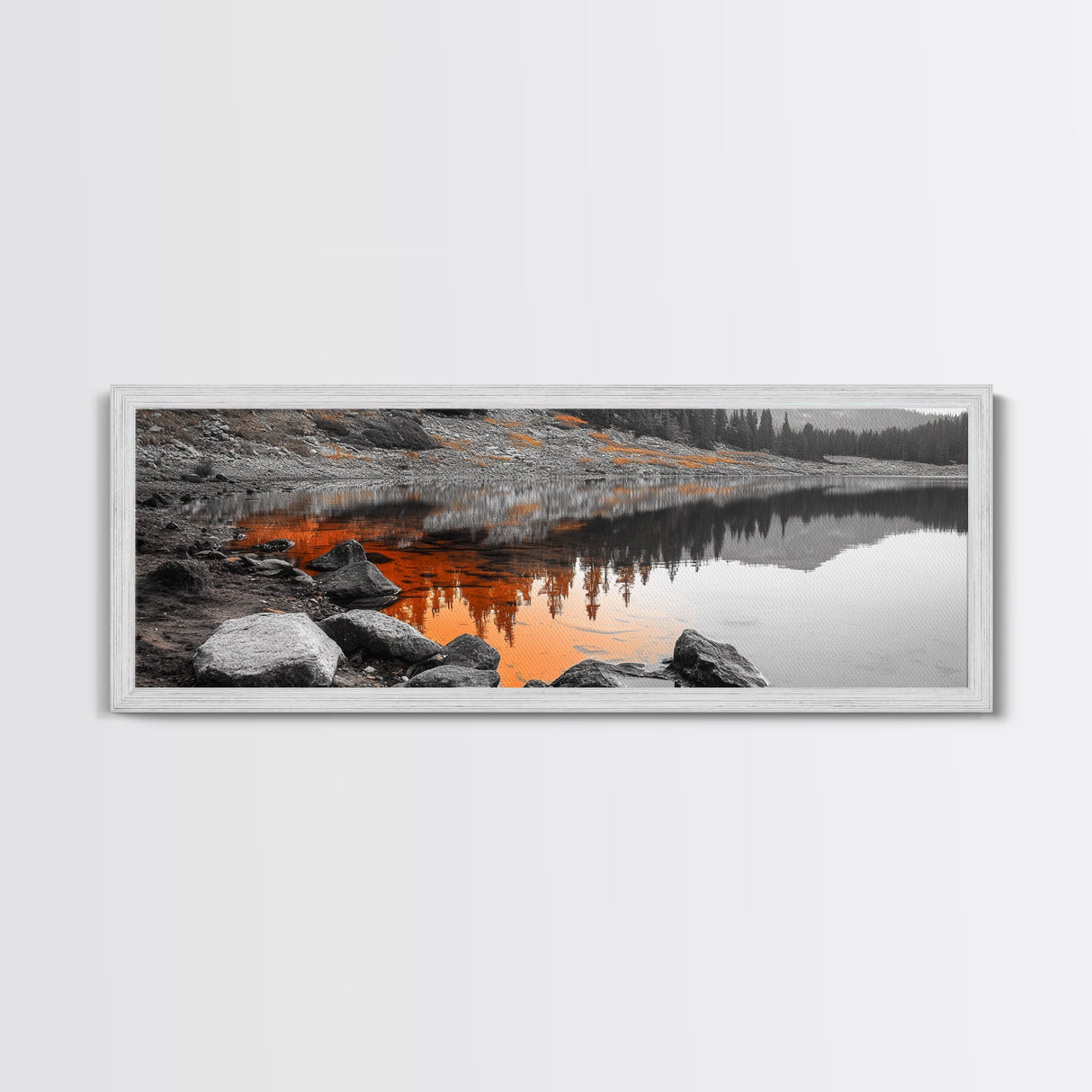 Orange Reflection Lake, Rocky Shoreline, Autumn Forest View, Canvas Print, Nature Photography, Rustic Wall Art, Cabin Living Room Decor