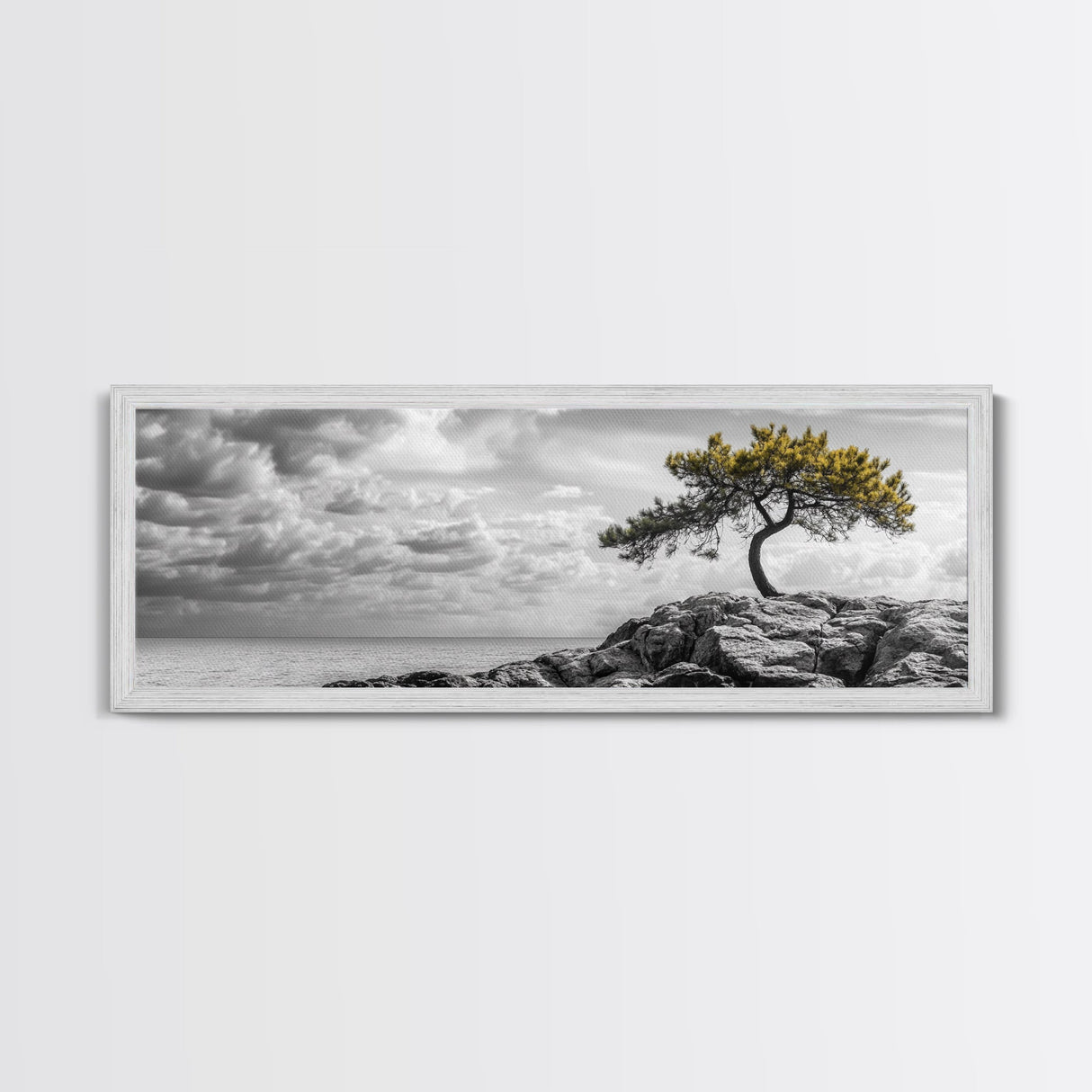 Lone Tree Cliff, Windy Ocean View, Golden Branches, Canvas Print, Moody Landscape Art, Neutral Tones, Office Wall Decor, Minimalist Style