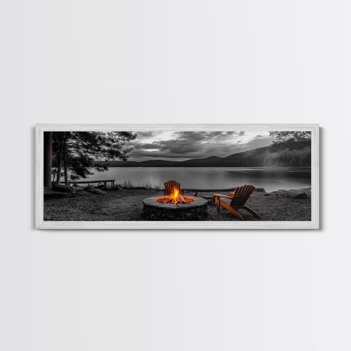 Campfire Chairs Lakeside, Cozy Autumn Vibes, Mountain Cabin View, Framed Canvas Print, Rustic Fall Wall Art, Living Room Fireplace Decor