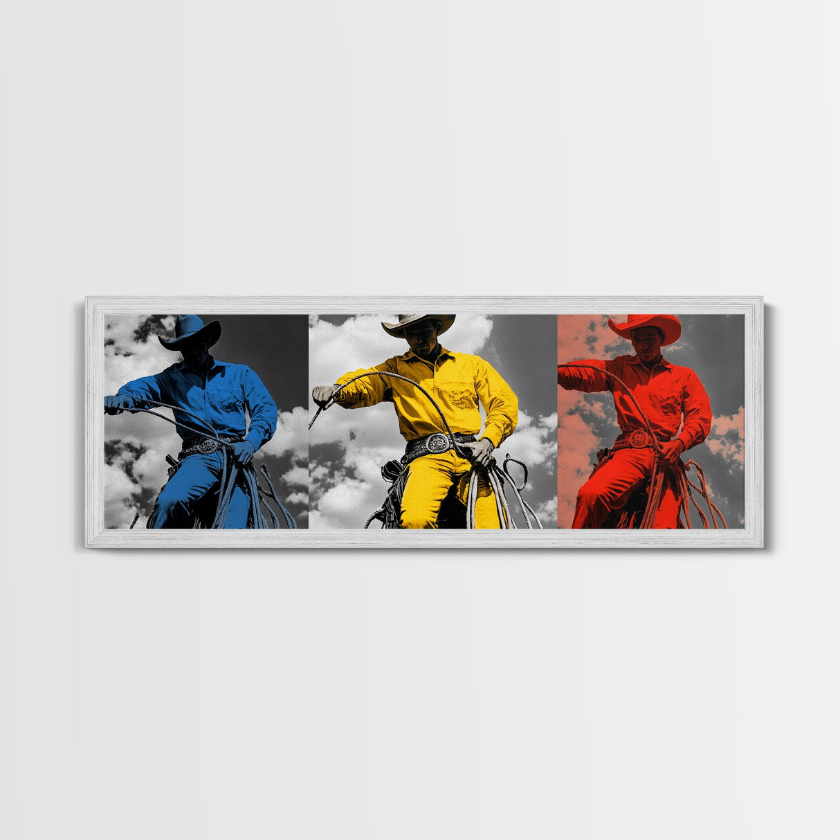 Cowboy Pop Art, Red Yellow Blue Trio, Western Rodeo Style, Framed Canvas Print, Bold Color Wall Art, Man Cave Decor, Modern Western Art