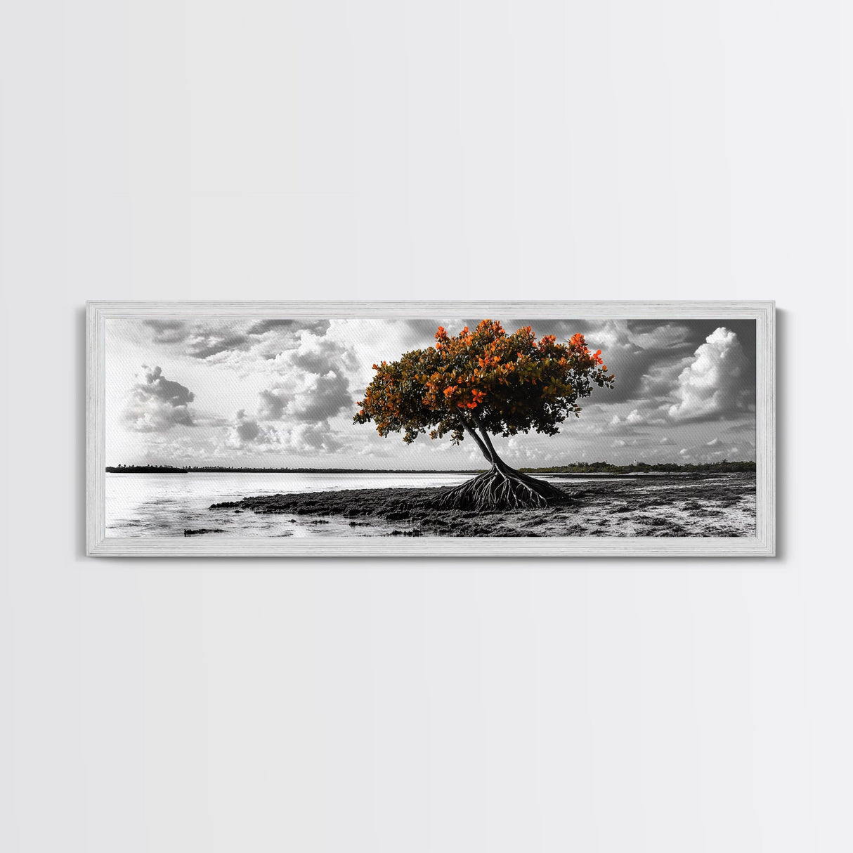 Mangrove Tree, Coastal Roots, Windswept Shore, Stormy Sky, Framed Canvas Print, Entryway Wall Art, Tropical Nature Art, Minimalist Style