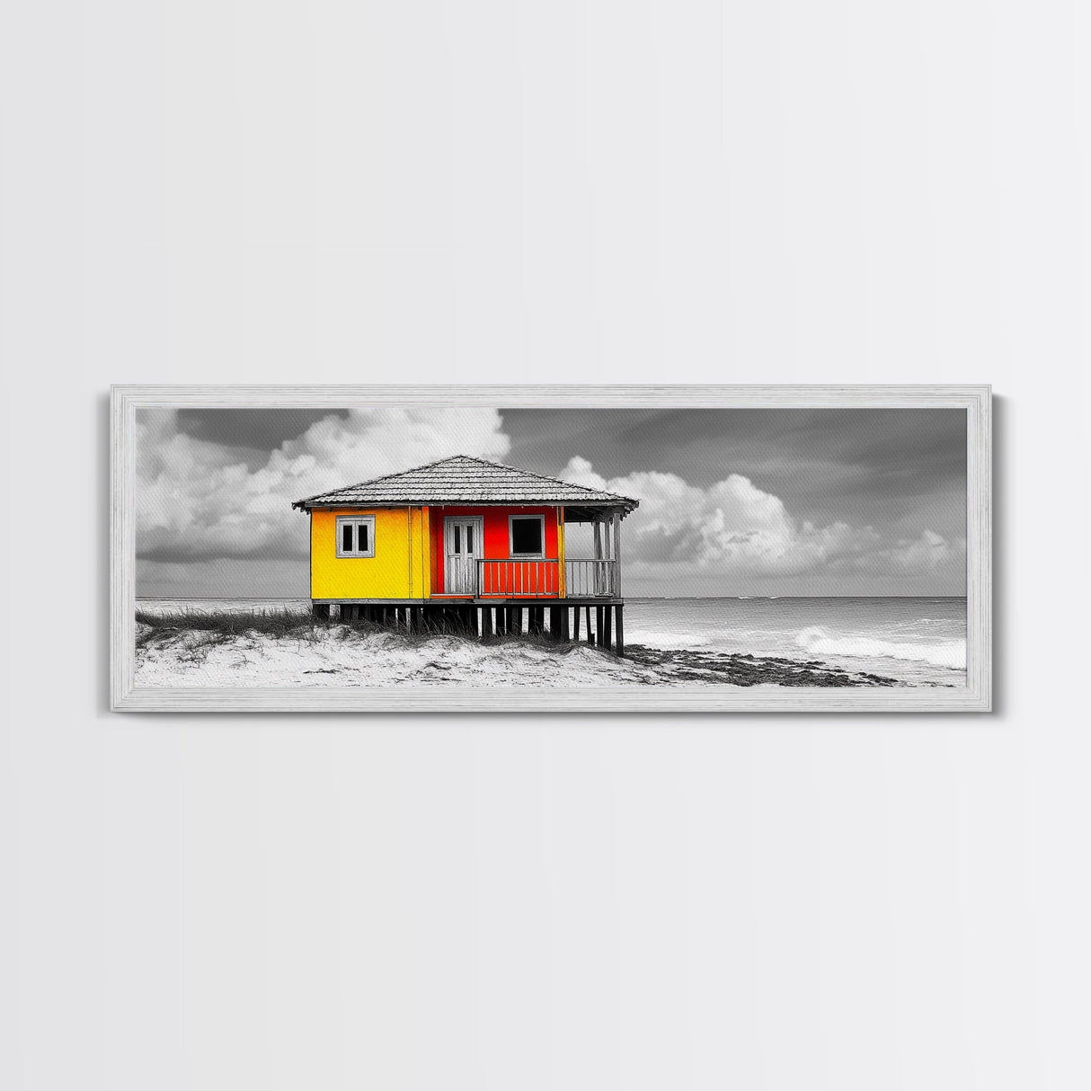 Yellow Cabin, Seaside Shack, Color Pop, Coastal Vibes, Framed Canvas Print, Beach House Wall Art, Bold Nautical Decoretic