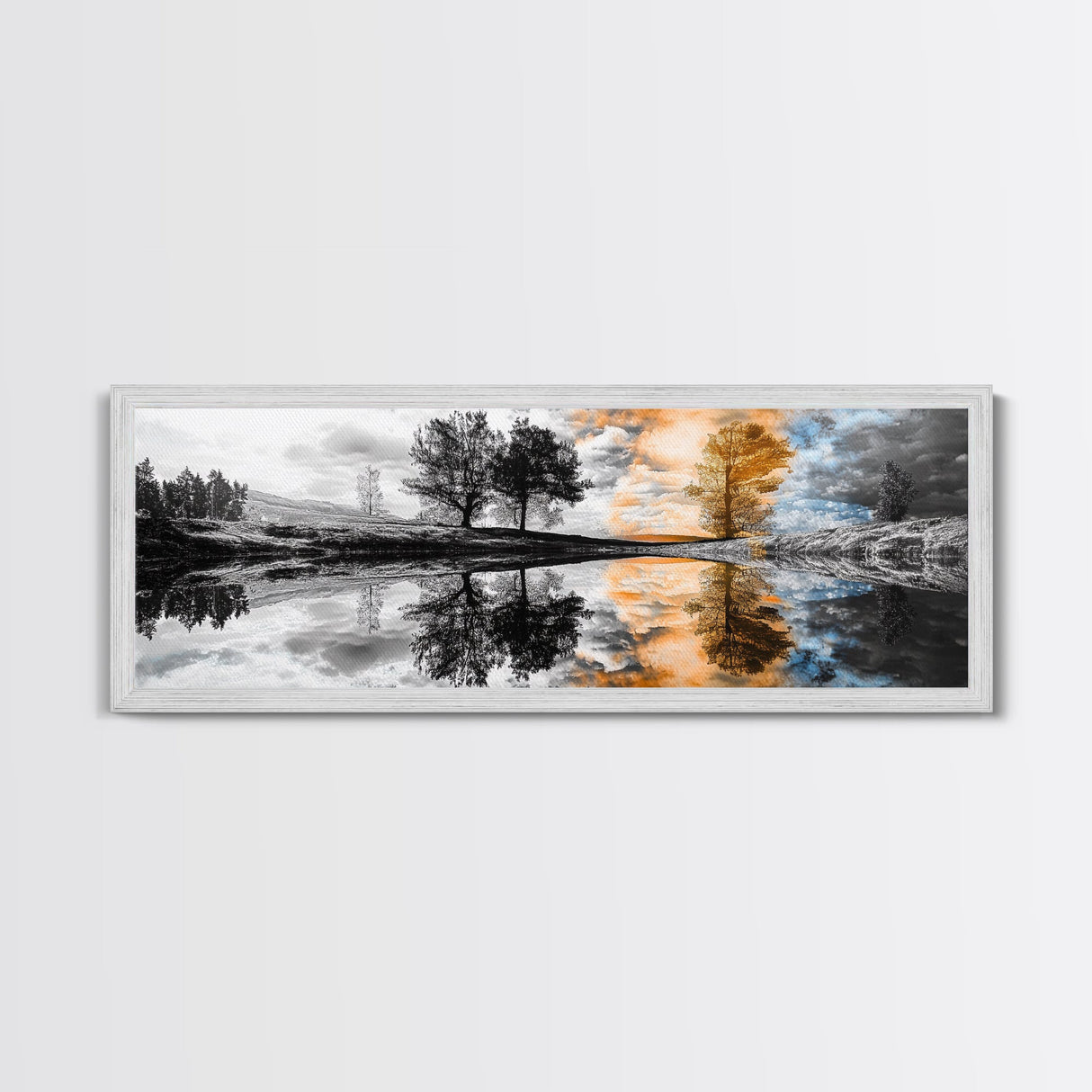 Surreal Reflection, Tree Silhouettes, Split Sky, Framed Canvas Print, trippy landscape art, black and white dreamy wall decor